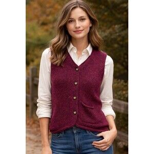 VTG L.L. Bean Wool Sweater Vest Burgundy V-Neck Button Front Women’s M Heathered